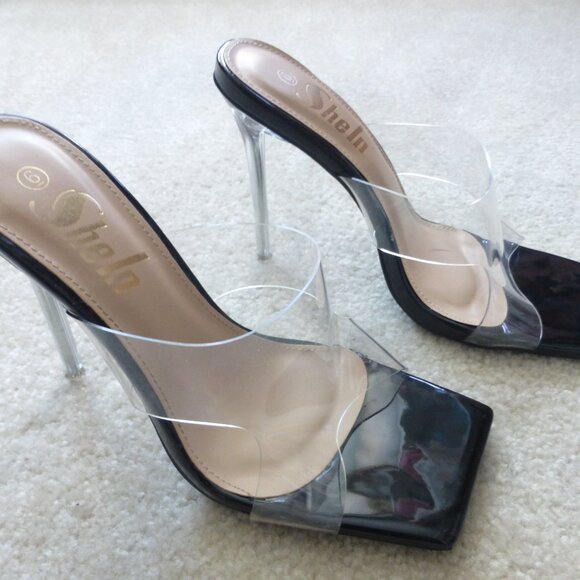 SHEIN black square toe stiletto slip-on heels with clear strap - Picture 2 of 9